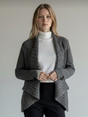 ANN TAYLOR LOFT! MARLED GRAY W/METALLIC SILVER KNIT, OPEN CARDI SWEATER! SZ M